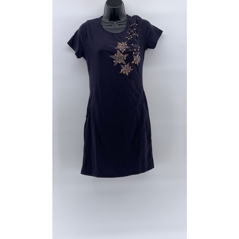 JULIA Women's Blue Star Studded Distressed Short Sleeve Crewneck Mini Dress SZ S